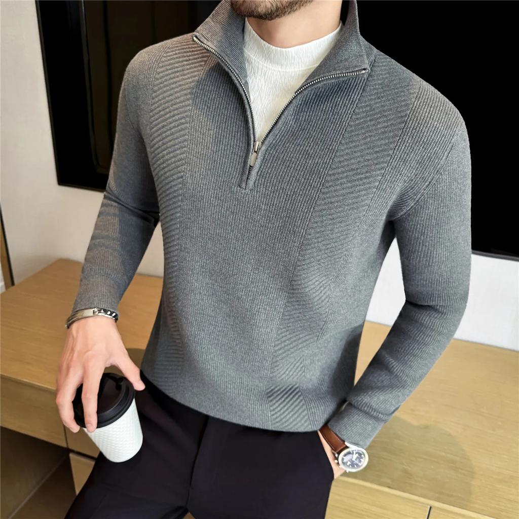Autumn Winter Thick Striped Knit Pullovers Men Fashion Half Zipper High Quality Stand Collar Mens Slim Fit Warm Knitted Sweater