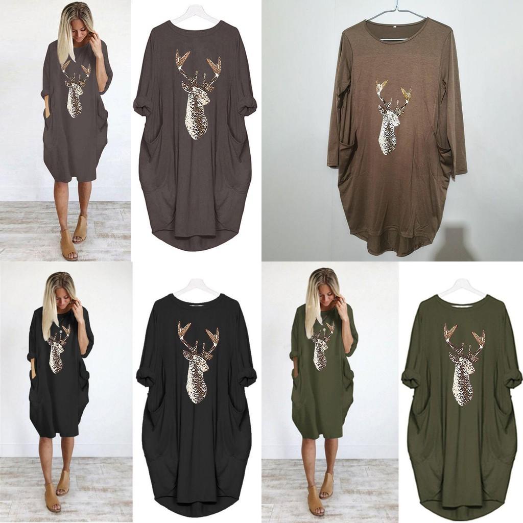 Women's Christmas Deer Pattern Printed Round Neck Dress With Full Sleeves And Stylish Design