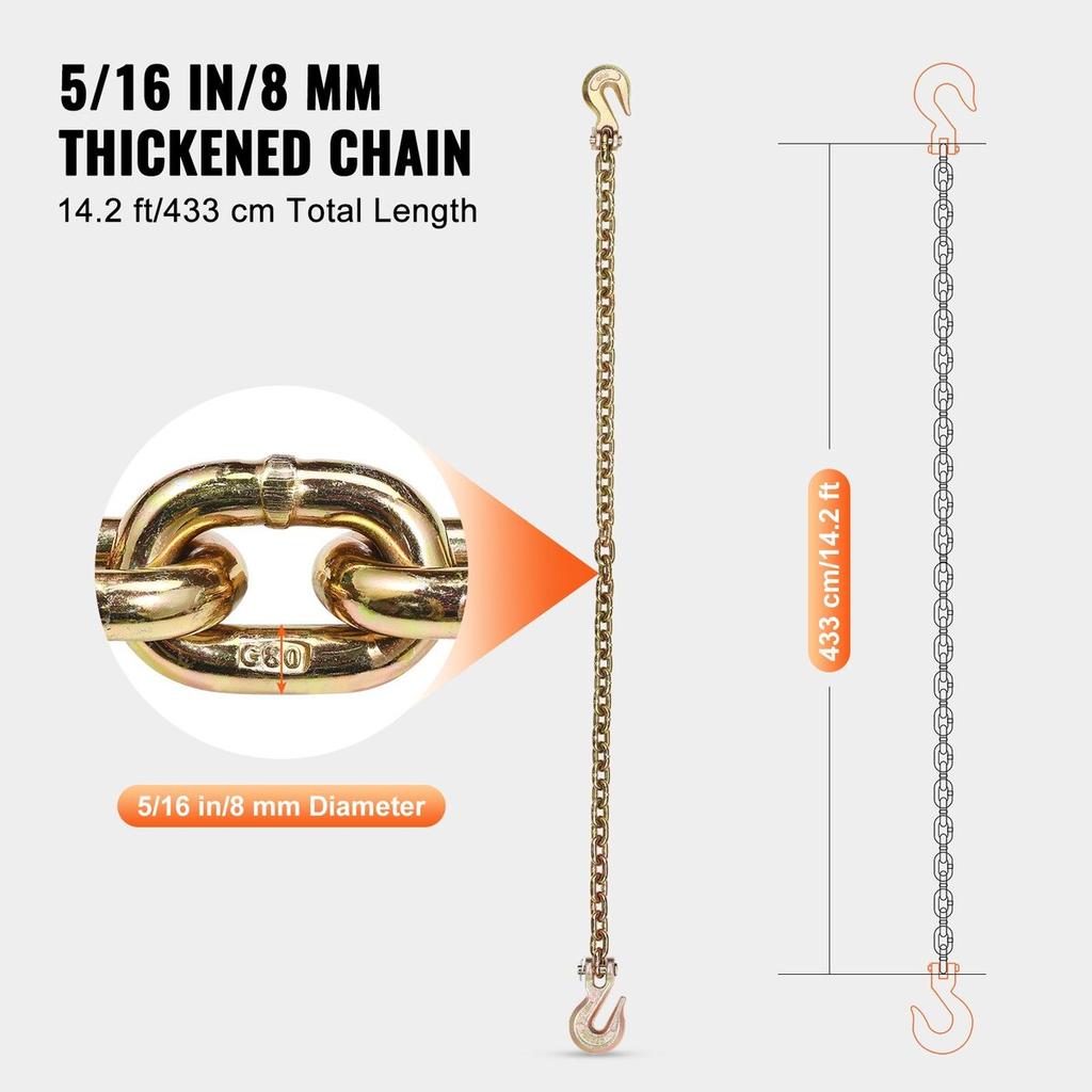 Binder Chain G80 Tie Down Tow Chain with Two Hooks 5/16" X 14.2' 4900 Lbs
