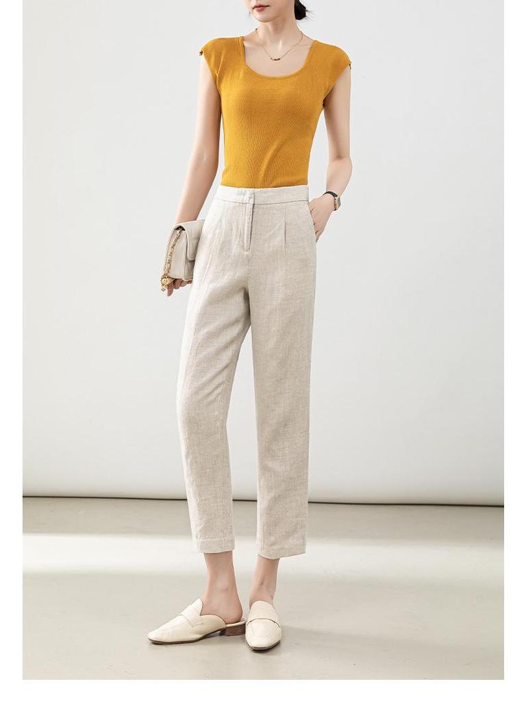 Women's High-Waist Cotton Linen Cigarette Pants - Summer 2025, Petite Eight-Point Casual, Straight Leg