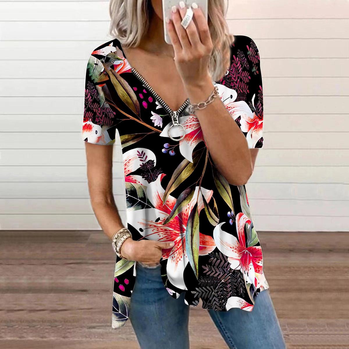 

Женский топ, летний, новый, модный, с ярким зеленым цветочным принтом, повседневный, с застежкой-молнией, V-образным вырезом и коротким рукавом 8XL красный