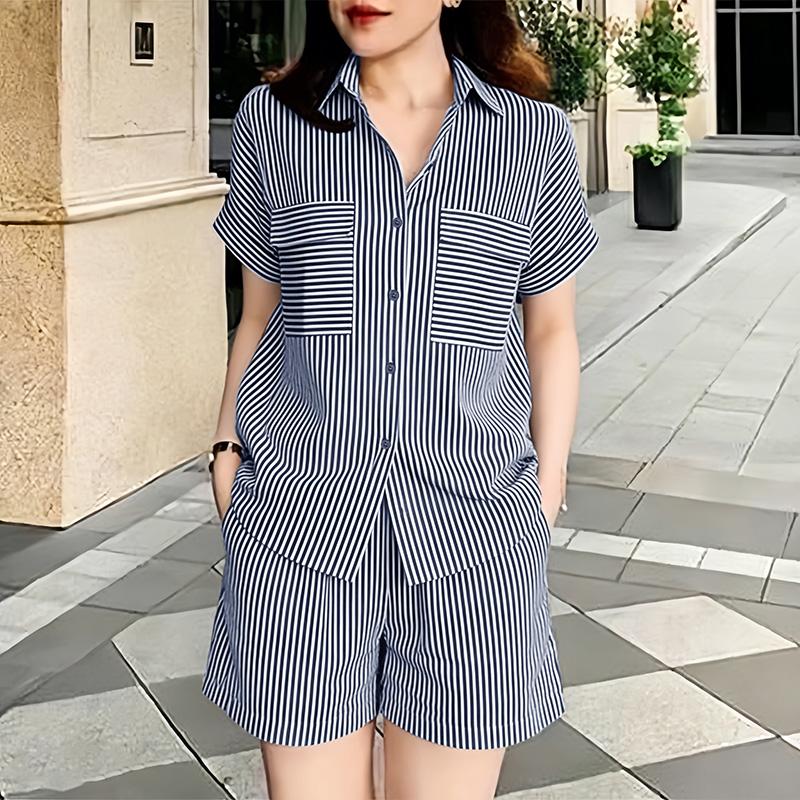 ZANZEA Women Short Sleeve Blouse and Shorts Summer Stripe Print Two Piece Suit Sets
