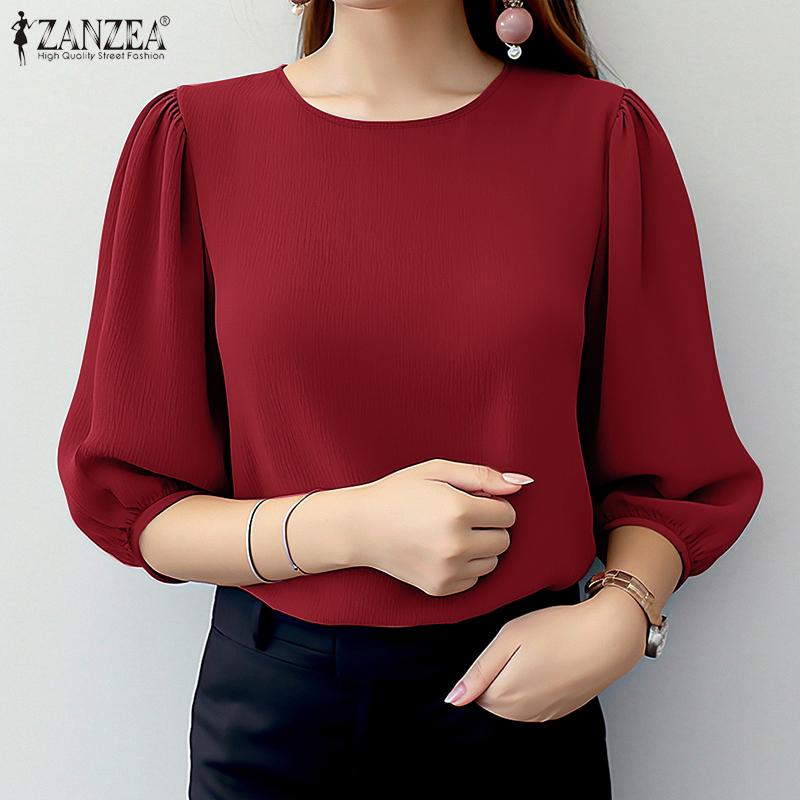 ZANZEA Womens Casual Round Neck Solid Color 3/4 Sleeve Blouse