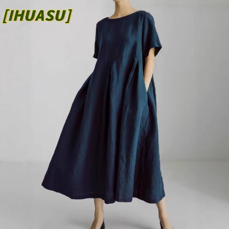 IHUASU Fashion Summer Spring Solid Color Print Short Sleeve O-Neck Casual Dresses