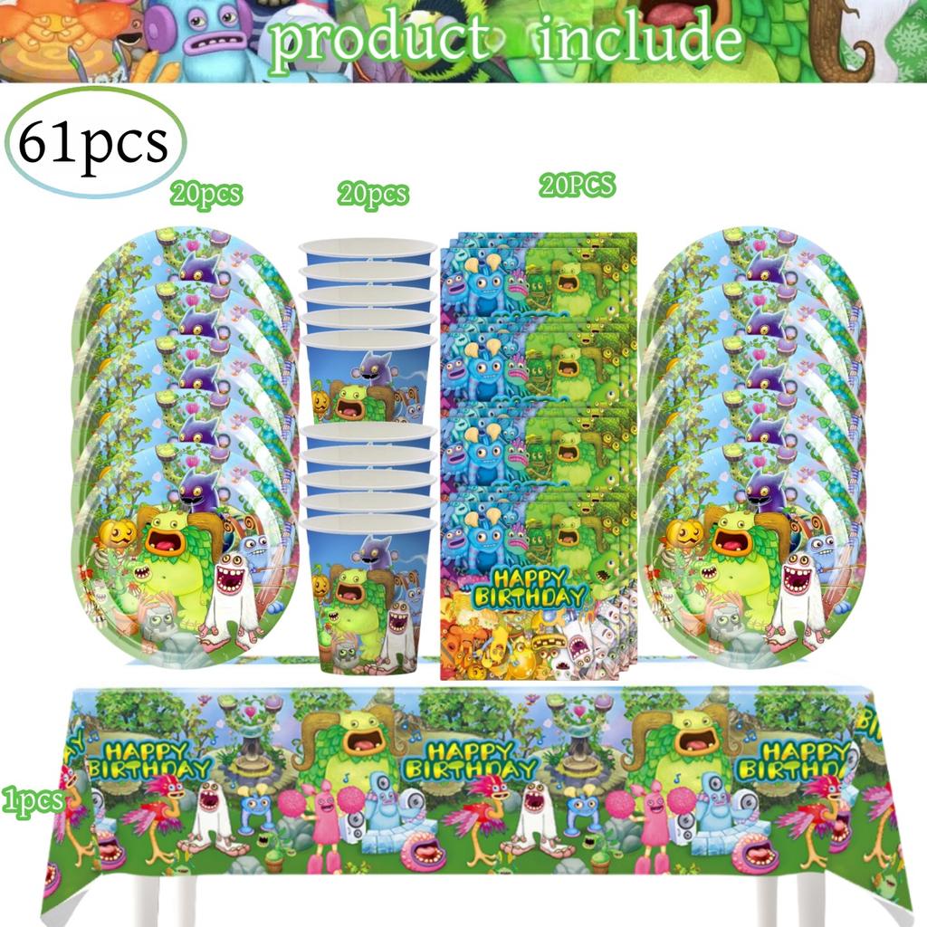 My Singing Monsters Födelsedagsdekorationer 20 personer Engångsservis Duk Tallrik Baby Shower Barnpresent Gåva Pojkfest Tillbehör
