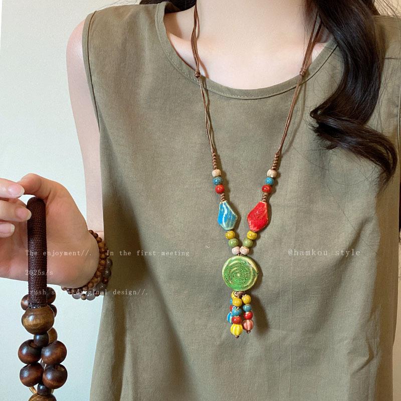 New Chinese Ethnic Style Colored Ceramic Beaded Necklace Women's Literary Weaving Long Sweater Chain Accessories