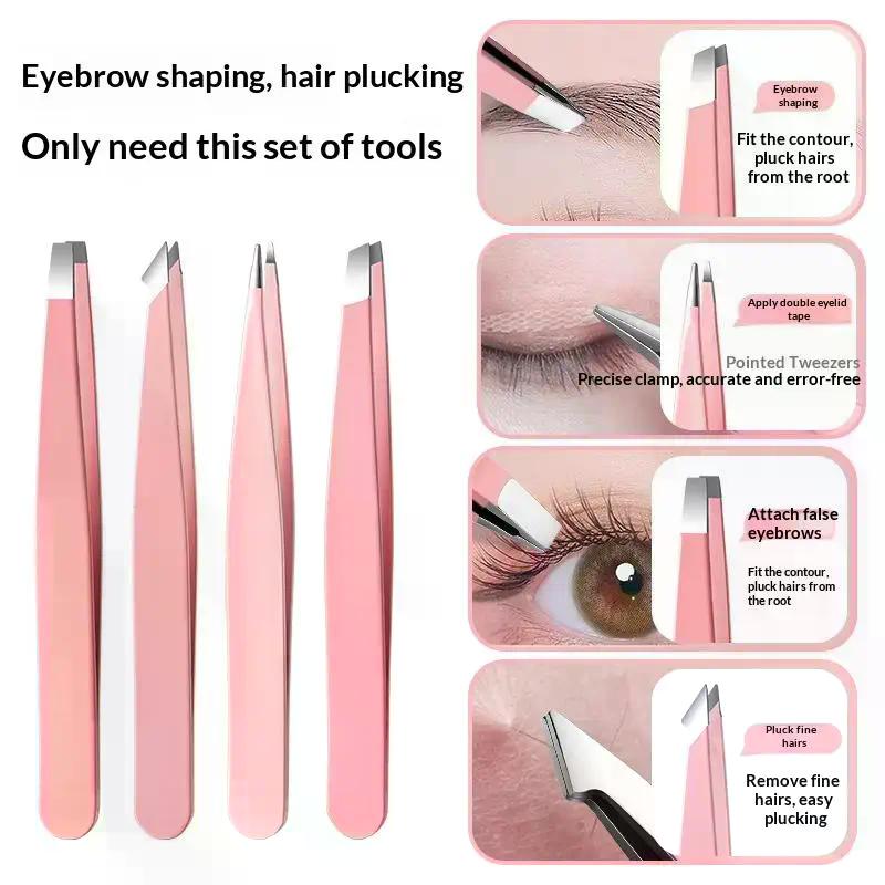 Colorful Stainless Steel 4 Pcs Tweezer Set For Women And Men's Eyebrows & Eyelashes Comes With Storage Bag