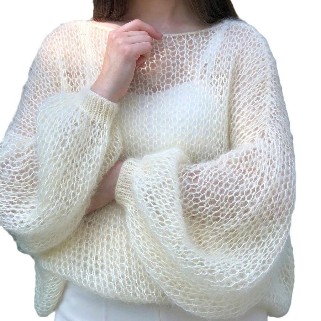 Herbst 2024 Damen Sanfter Stil Laternenärmel Einfarbig Durchsichtig Gestrickte Strickjacke