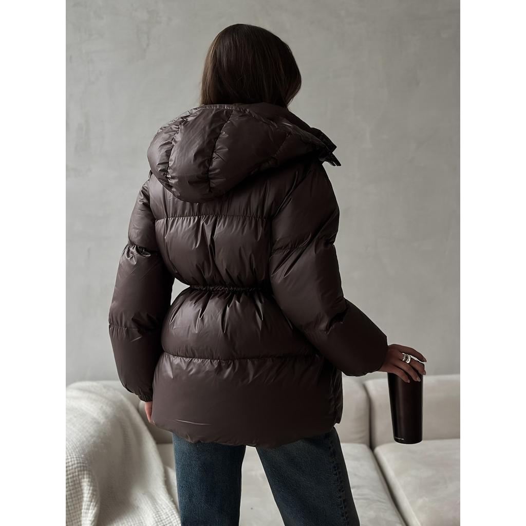 2025 Winter New Women's Drawstring Slim Fit Cotton Coat with Hood Zipper Warm Comfortable Outerwear for Europe and America
