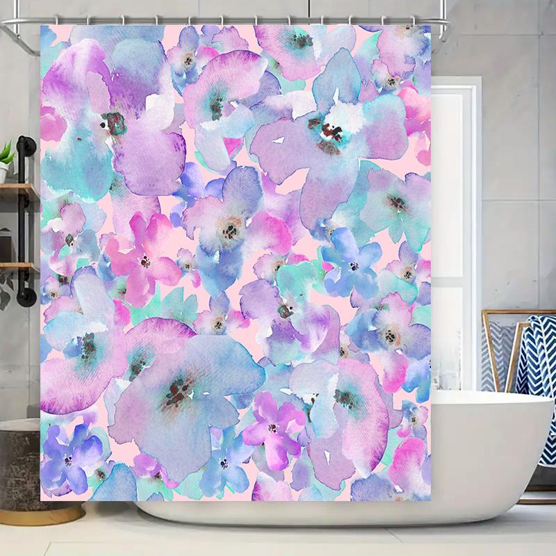 

Purple Watercolor Shower Curtain With Pink Flowers: Decorative Waterproof Bath Fabric For Bathroom Accessories Pink Purple Blue W60H190(CM)-1 Pcs