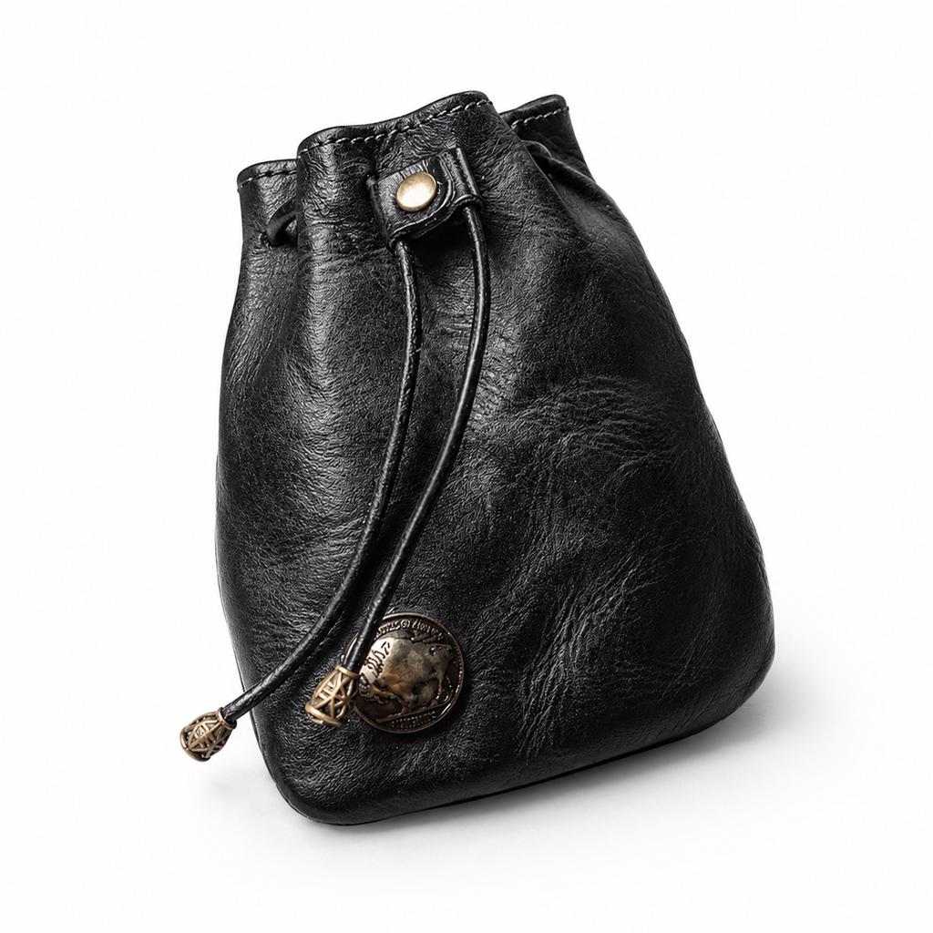 Mini Borsa con Coulisse Vintage Sacchetto Portamonete Retrò con Coulisse Piccolo Sacchetto Portaoggetti Marrone Nero