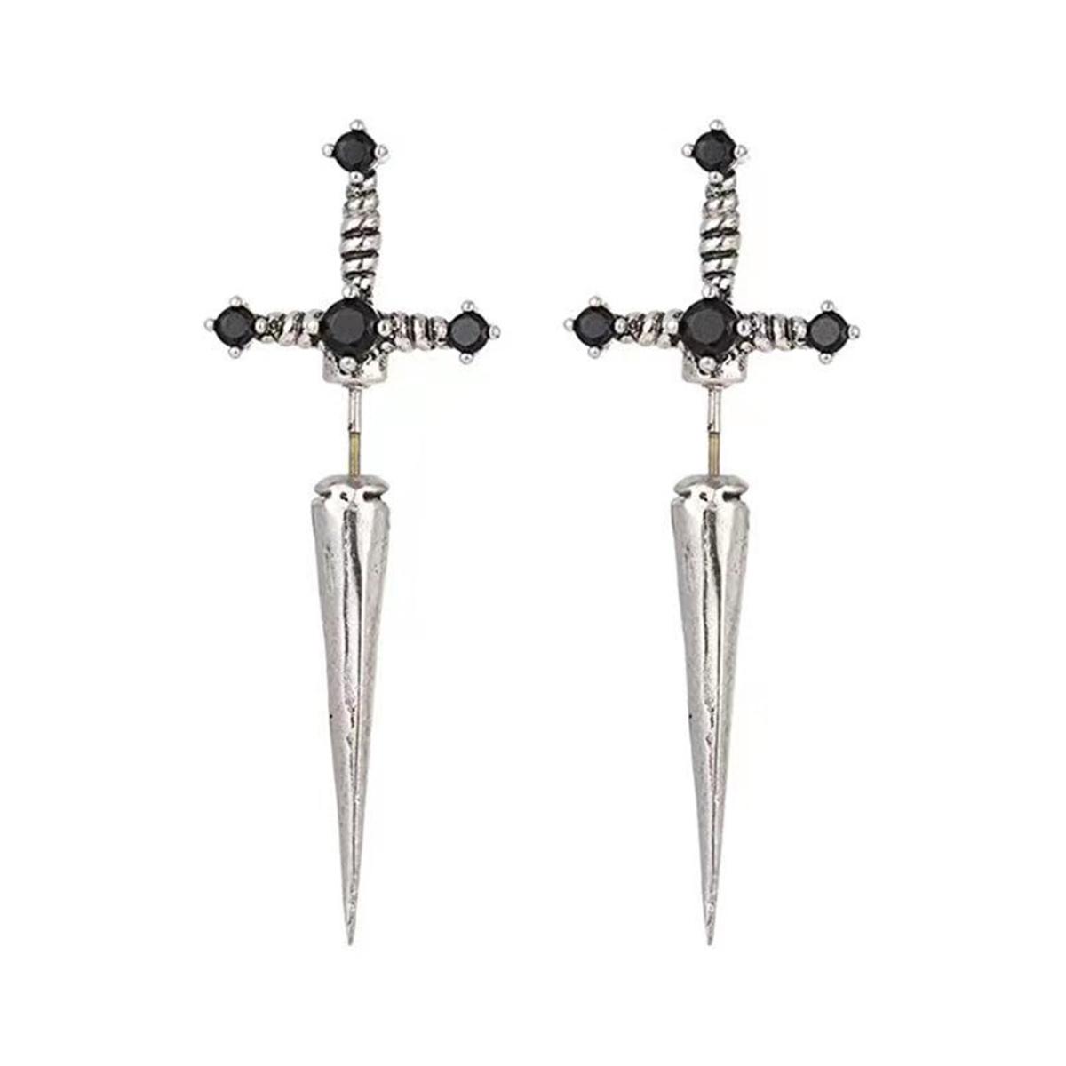 

Gothic Punk Sword Initial Piercing Earrings Crystal Ear Jacket Stud for Women Men Goth Style Zircon Gift