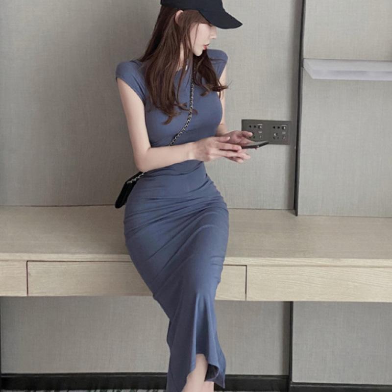 Hong Kong Style Slim-Fit Hip-Hugging Elegant Summer Dress - Short-Sleeved, Waist-Cinching, Sexy and Flattering for Women