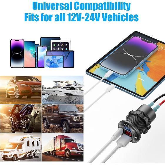 12V USB Outlet 4 Port Car Charger Socket, Dual PD USB C And Dual Quick Charge 3.0 Port Aluminum Charger With Red Voltmeter DIY Kit Waterproof For Car