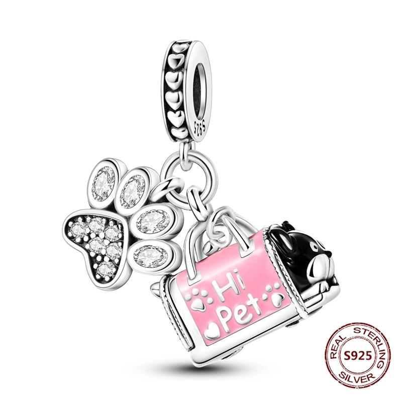 Copper Original Dog Cat Safety Chain Lazy Cat Pink Zircon Pet Paw Print Footprint Charms Fit Bracelet For Women Diy Jewelry