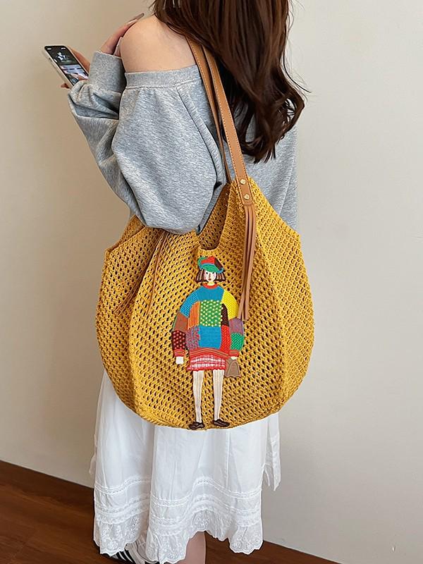 Damen geflochtene Stroh-Schultertasche - Nischenmarkt, Lässiger Stil, Hohlmuster für Urlaub oder Pendeln