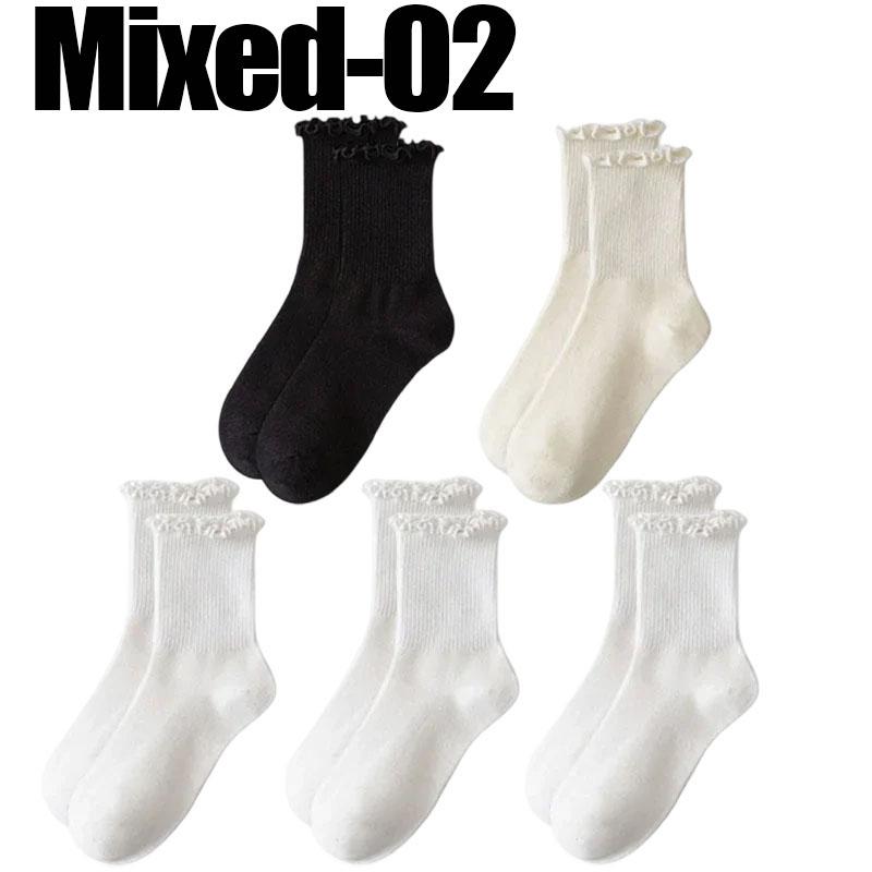 5pairs Korean Lolita JK Ruffle Cotton Socks for Women Middle Tube Ankle Soft Breathable Hosiery Black White Autumn Kawaii Socks
