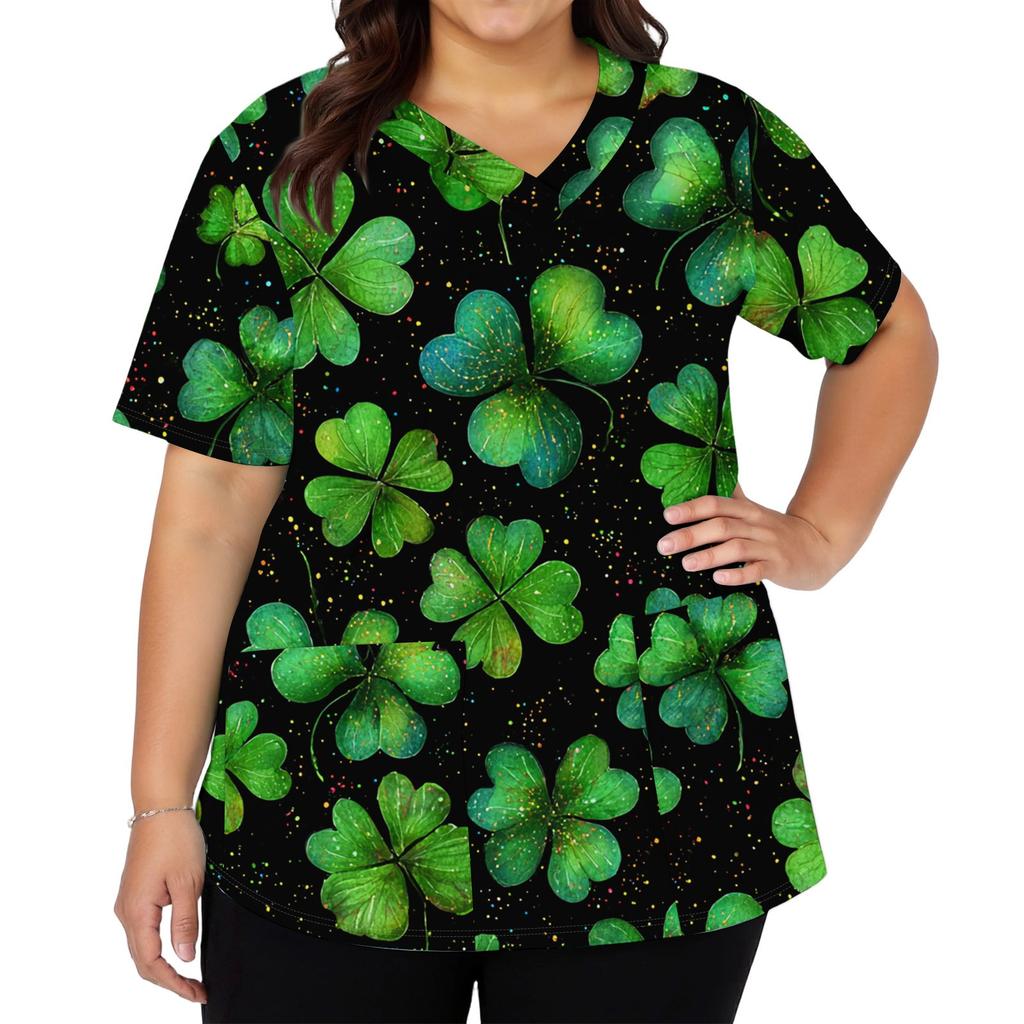 Women's Fashion V-neck Short Sleeve Workwear With Pockets Printed Tops