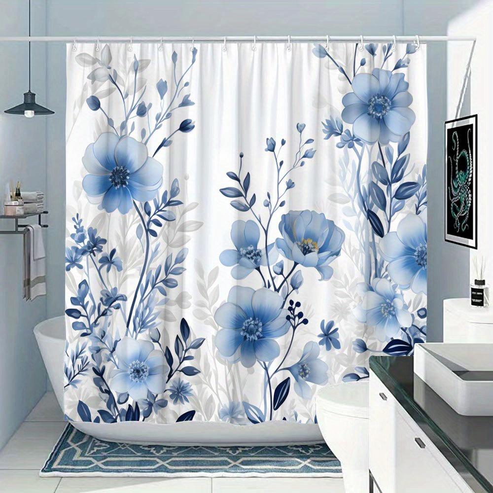 1pc Botanical Floral Shower Curtain - Blue & White Ethereal Pattern, Polyester, Machine Washable, Fashionable Bathroom Decor