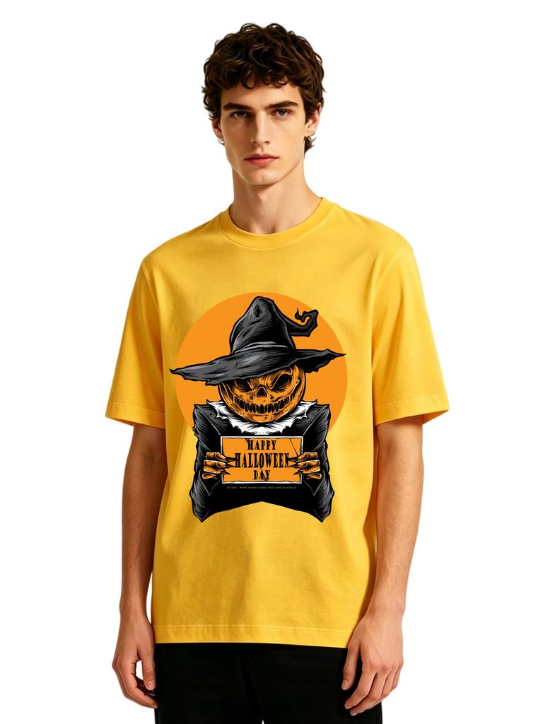 Mens Happy Halloween Pumpkin Scarecrow Graphic Tshirt Retro Spooky Print Casual Short Sleeve White Cotton Tee
