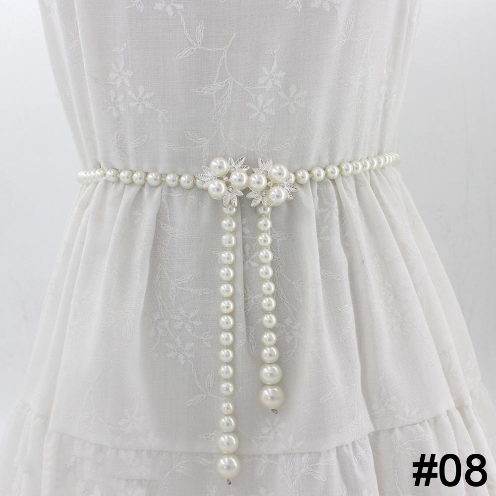 

Элегантный женский пояс с жемчугом и бантом, эластичная пряжка на талии с жемчужной цепочкой, женское платье для девочек с кристаллами 08