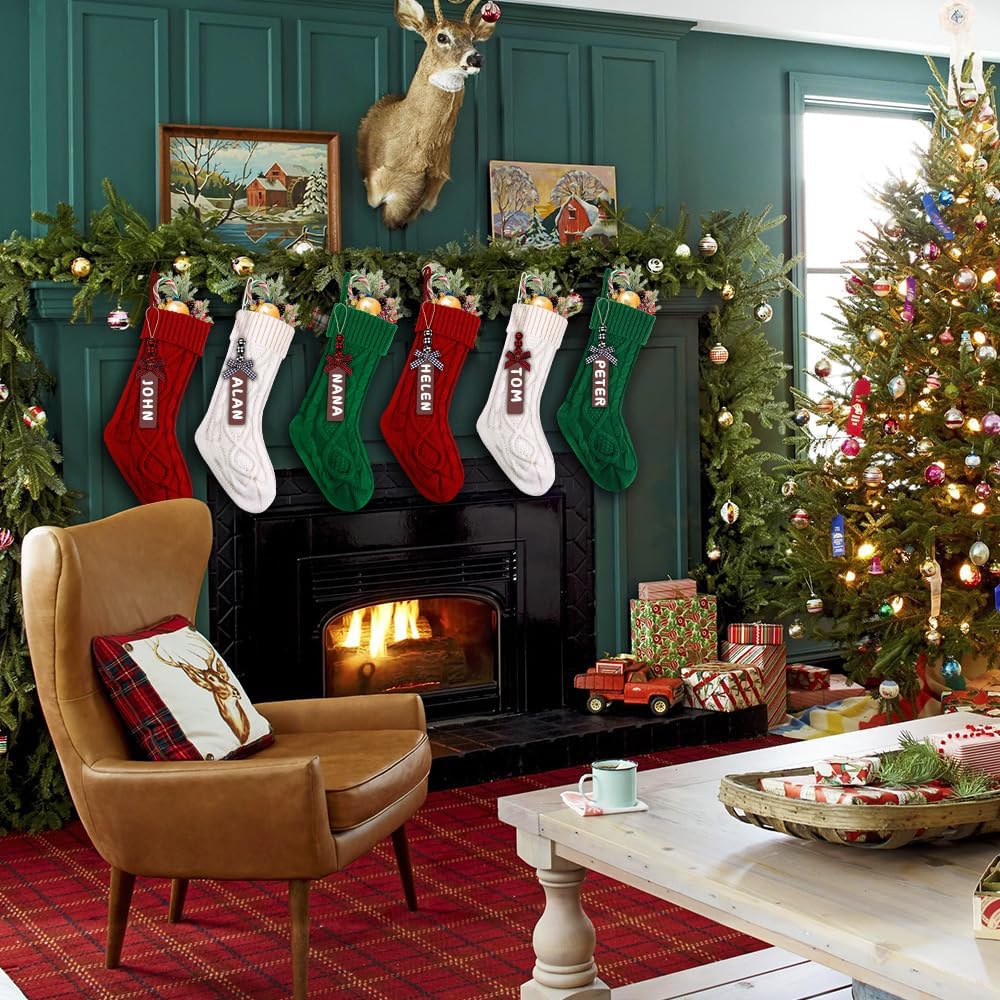 XIMISHOP 6PACK Christmas Stockings,18Inches Large Cable Knitted Stocking Personalized Xmas Hanging Stocking Decorations with Name Tags for Holiday