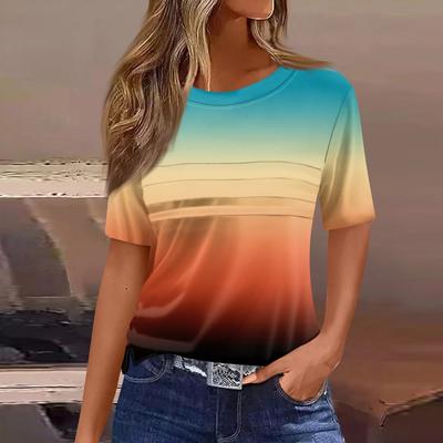 Summer Round Neck 3D Printed Printed Top with Pleated Design Fashionable and Casual Short Sleeved Women's T-shirts