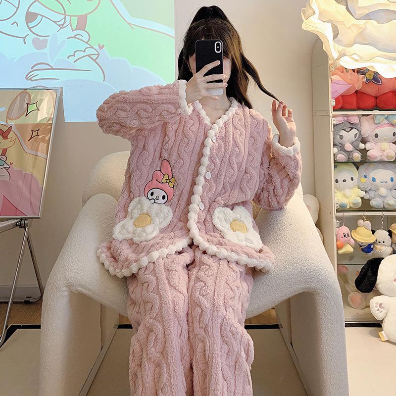 Pyjama Doux en Polaire Grande Taille pour Femmes: Cardigan d'hiver mignon avec du corail pelucheux