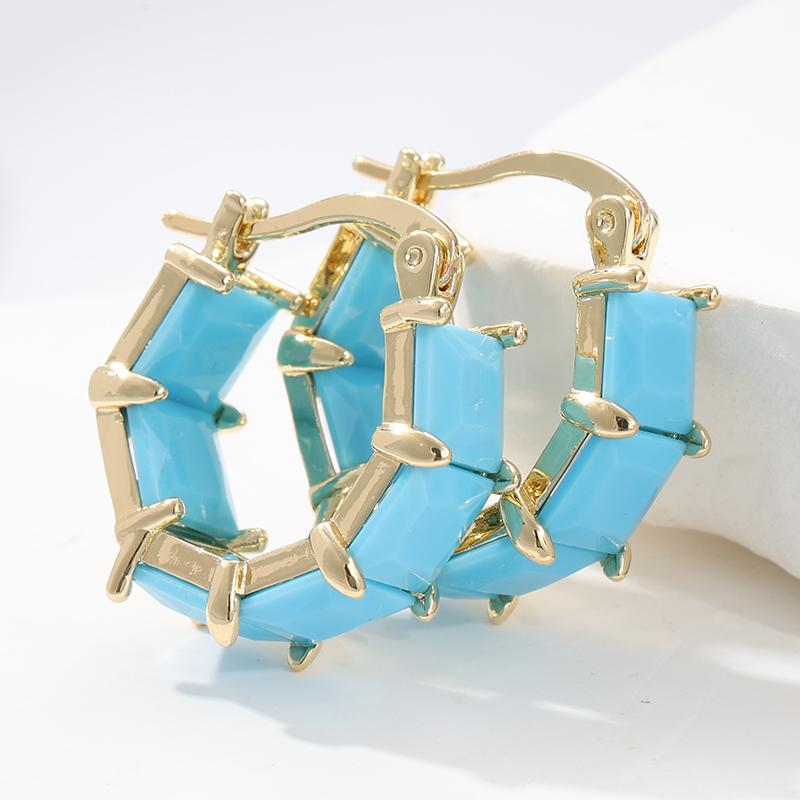 Classic Turquoise Checkered Earrings for Women's Vintage Elegant Golden Plated Jewelry Accessories Exquisite Party Gifts