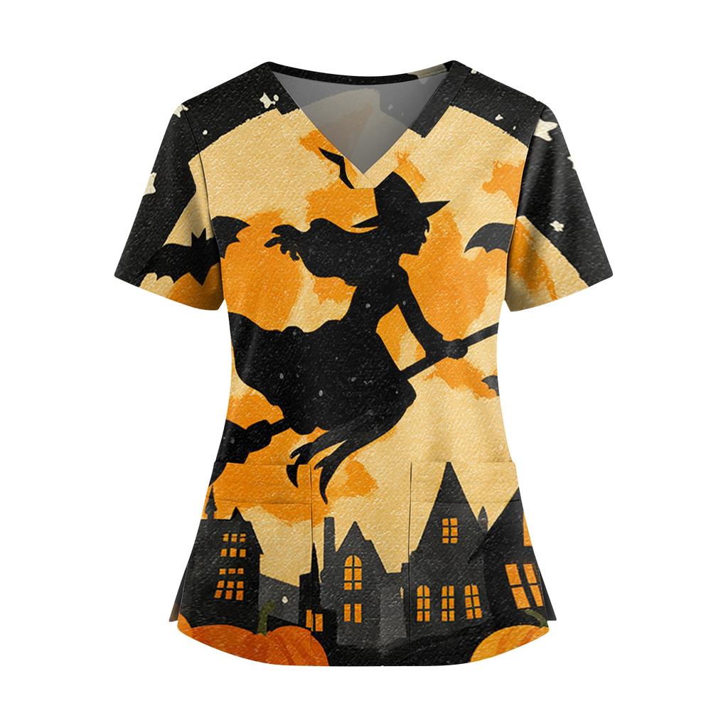 Halloween Print V Neck Short Sleeve Nurse Top with Double Pockets and Side Slits Suitable for Healthcare Workers and Caregivers