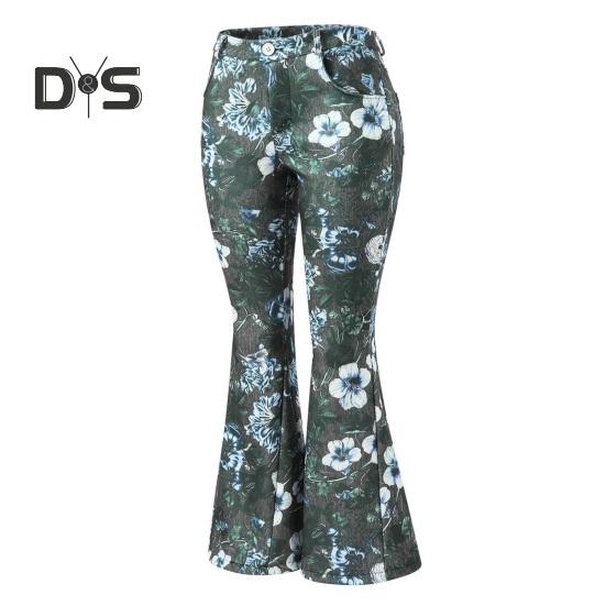 Women Denim Pants High-Waisted Floral Print Flared Jeans with Pockets Belt Ring Lightweight Breathable Jeans