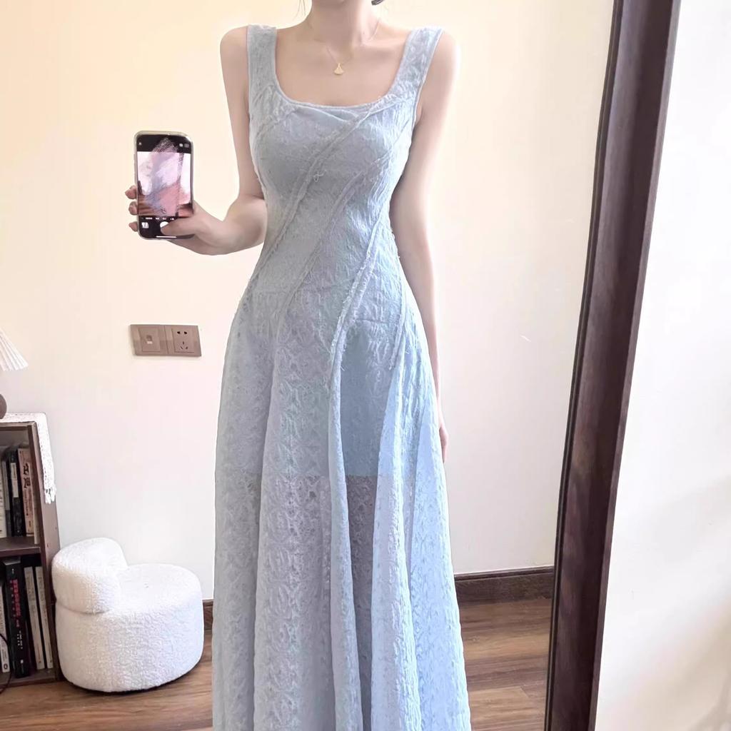 Summer blue French suspender dress women's new temperament waist thin a word seaside vacation skirt