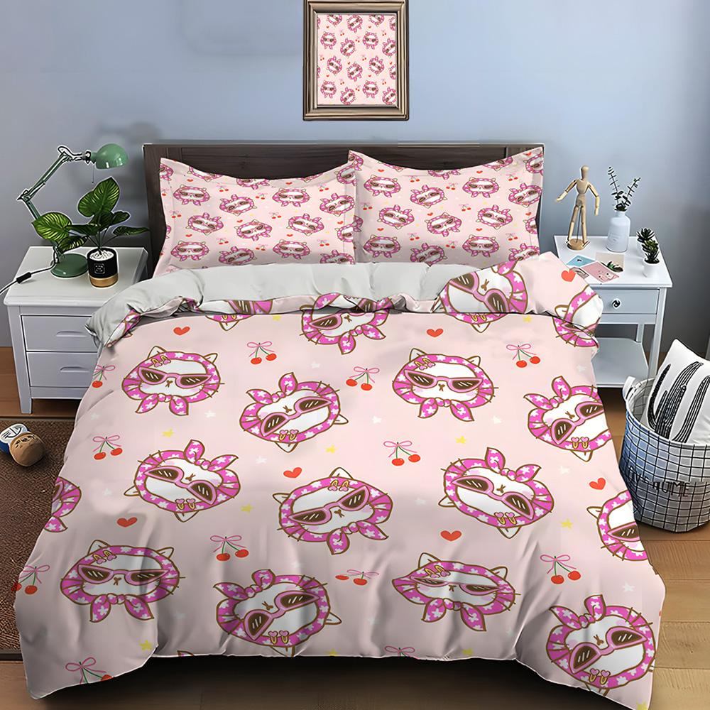Cartoon Cat With Cherry Design Pattern Duvet Cover Set Digital Print Colorful Polyester Bedding With Zipper Closur For Kids Gift