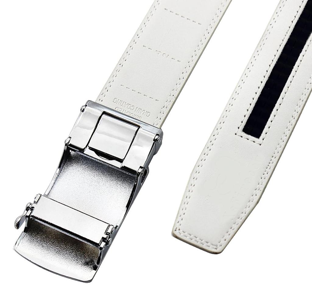 XsFireCow Stylish Black Leather with No for Business and Casual Wear White Golf Men's Auto-Lock Belt, Auto-Lock Buckle, Holes, 130cm, (02 Belt)
