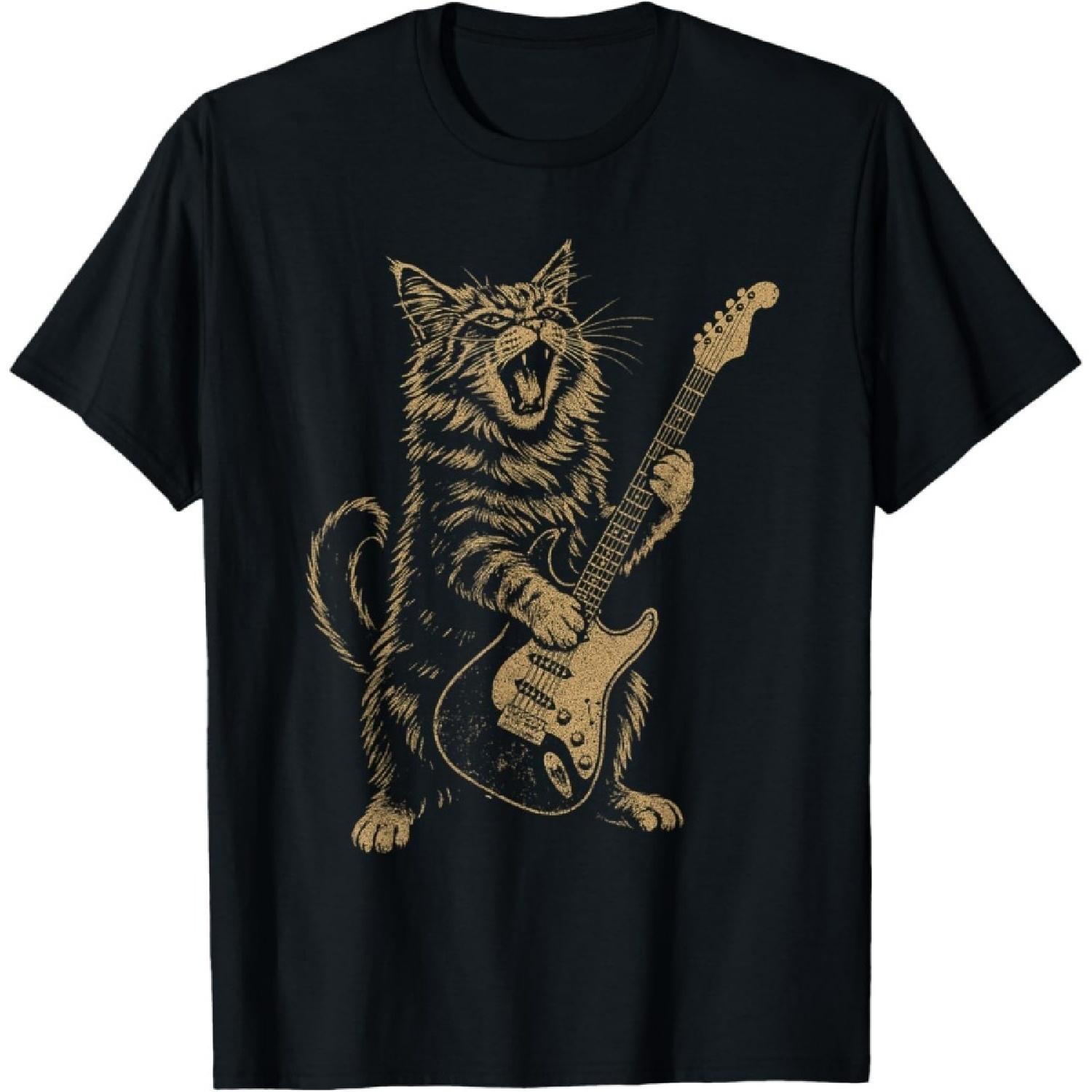 Rock Cat Play Electric Guitar Music Festival Coach Guitar T-Shirt S