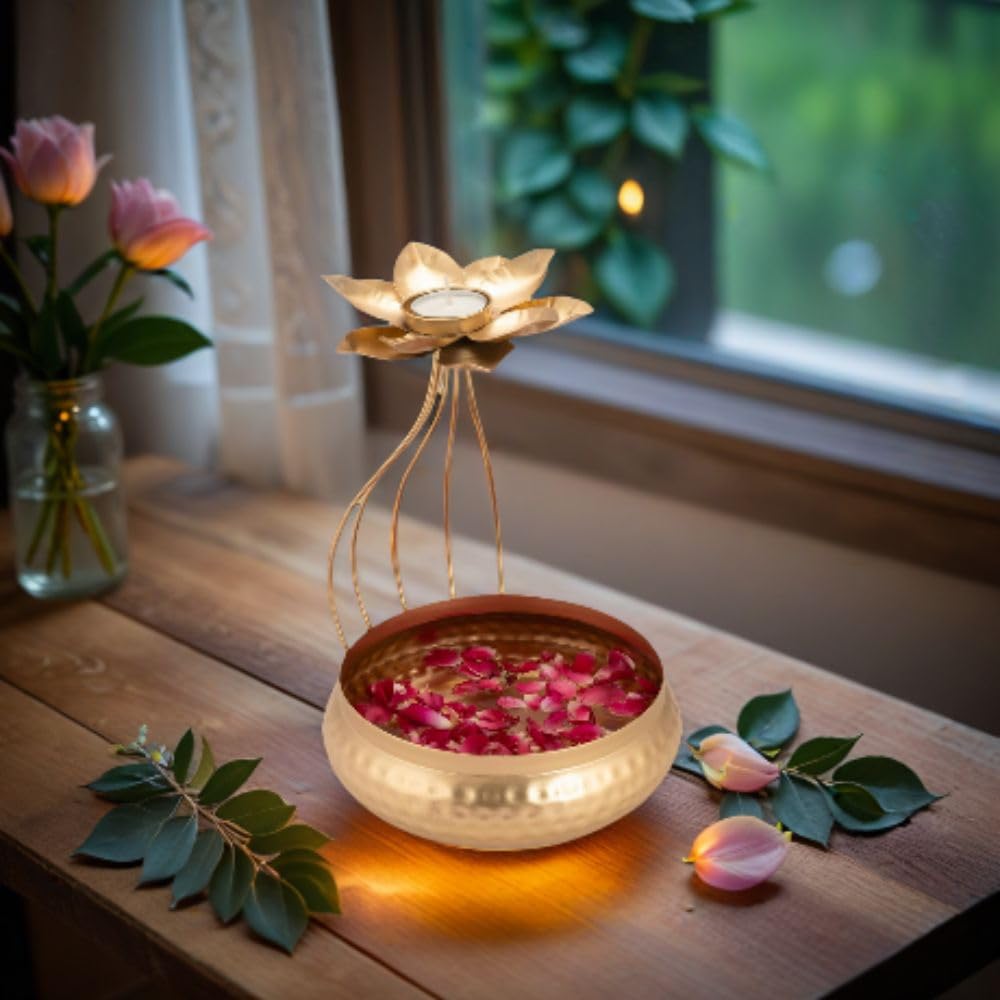 Metal Lotus Tealight Candle Holder for Diwali Decoration Items with Base of Urli Bowl -Diwali Gift Items-Urli Bowl for Home Decor