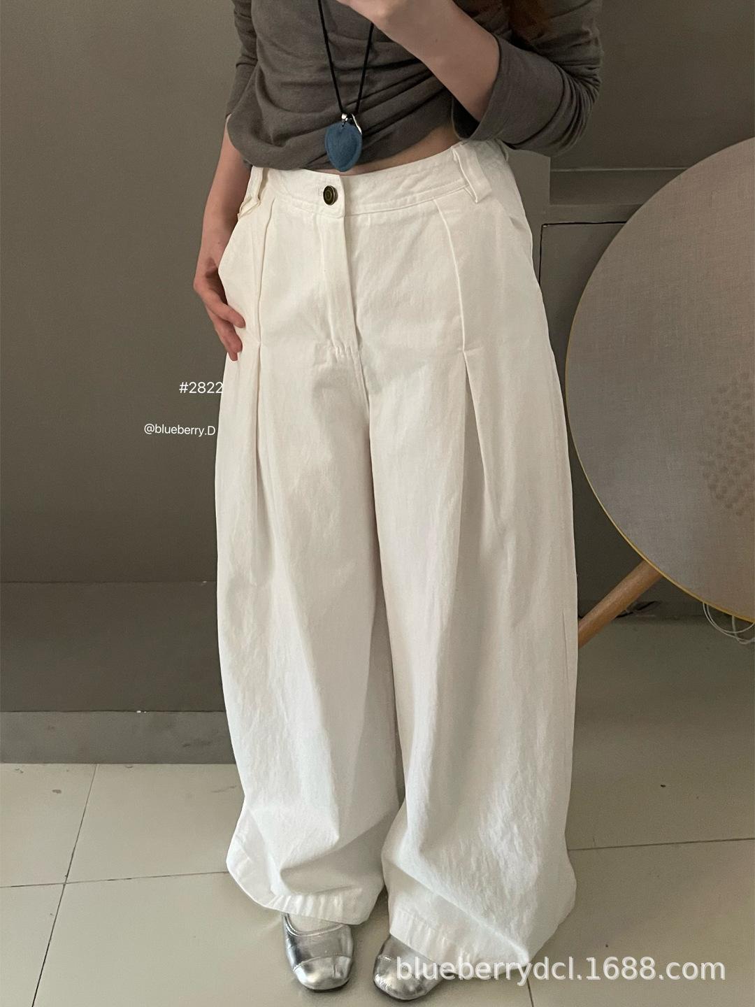 

BlueberryD Women s Korean Style Pure Cotton Wide Leg Pants - White, Casual Loose Straight Leg, Spring/Autumn. Medium белый