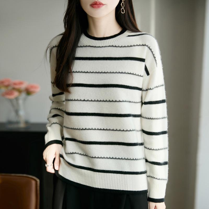 Women's Blue & White Striped Wool Knit Long-Sleeve Top - Elegant & Comfortable 2025 Autumn Style