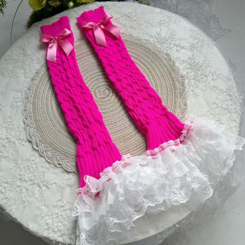 Cable Knit Leg Warmers Boot Cuffs with Bowknot Decorated Sweet Tiered Ruffled Lace Trim Leg Covers Calf Socks for Women