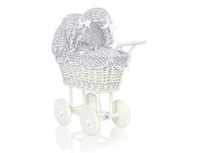 Großer Weidenpuppenwagen mit grauer Bettwäsche und Auskleidung - Weiß