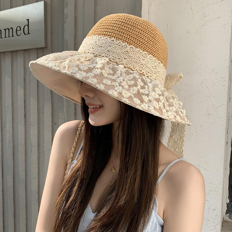 Summer new French lace bow bucket hat women's seaside trip beach sunshade sun hat