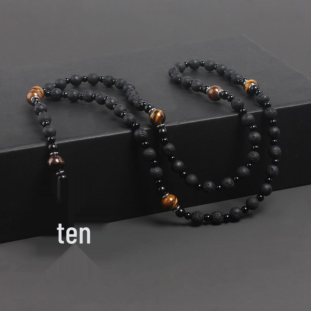 Collana Religiosa da Uomo con Pietra Vulcanica Nera e Occhio di Tigre Giallo Croce