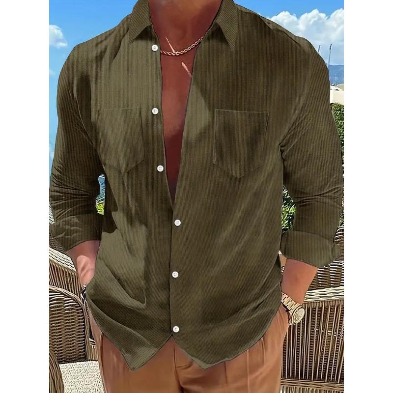 Spring Autumn Men's Long Sleeved Shirt Fashionable Solid Color Lapel Pocket Button Down Tops