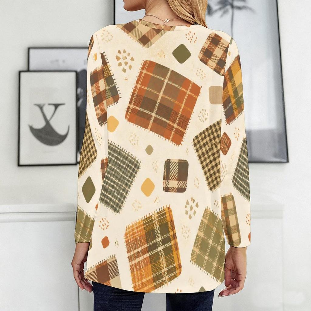 Women Plus Size Round Neck Long Sleeve Geometric Printed Loose Longline T Shirt With Pockets