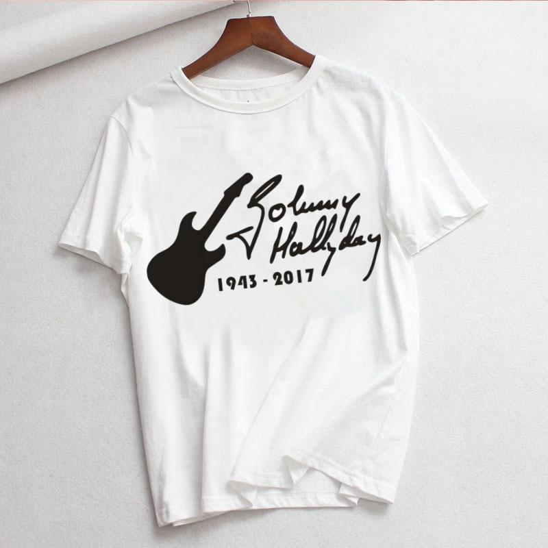 Johnny Hallyday Print T Shirt Women White and Black Shirts Fashion Round Neck Short Sleeve Cotton TShirt