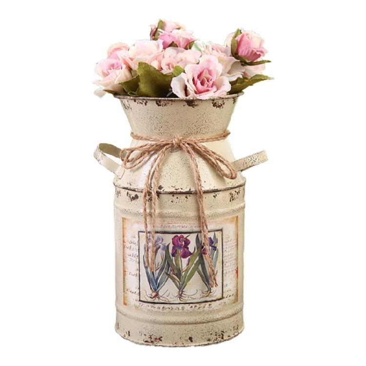 Idyllic Rustic Flower Arrangement Bucket Iron Vintage Flower Vase Planting Jug 1