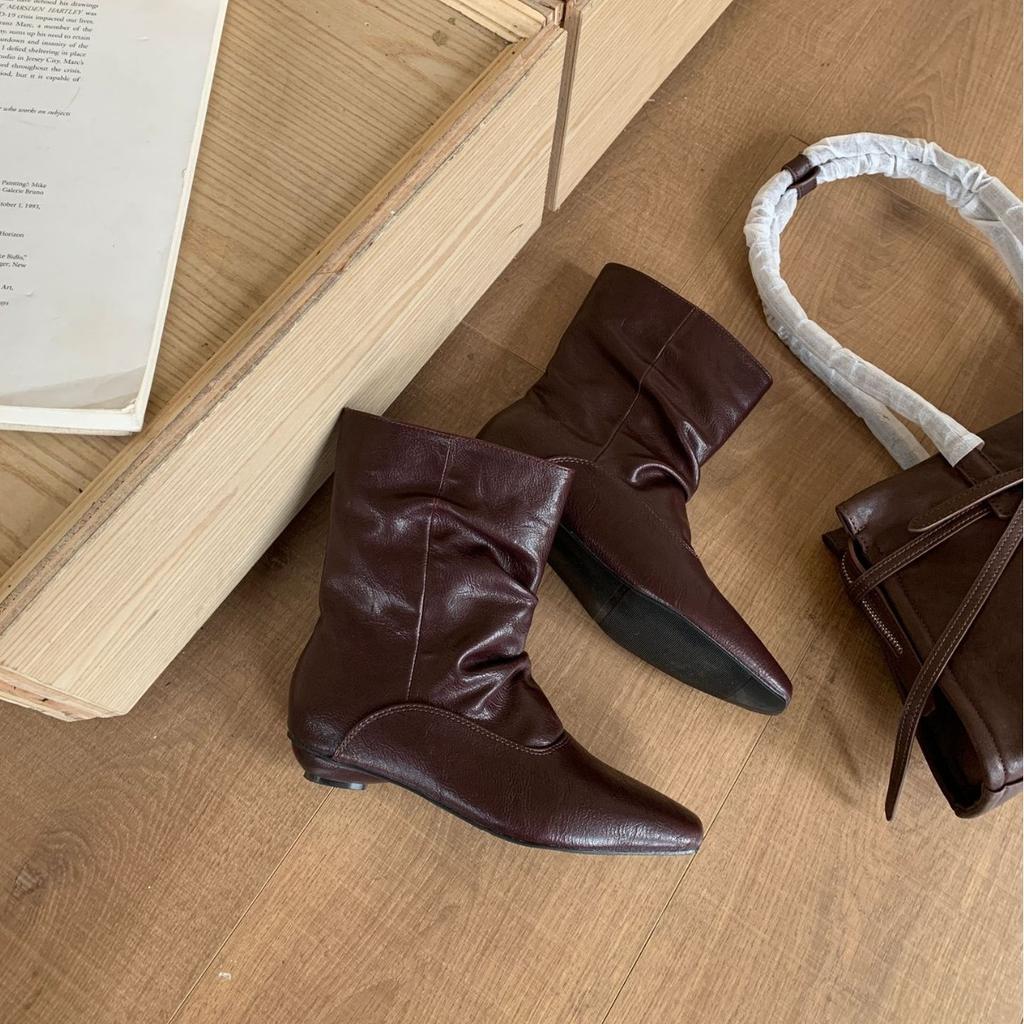 2025 Autumn and Winter New Low Tube Thin Round Head Thick Heel Soft Bottom Pile Low Tube Lun College Style Women's Short Boots