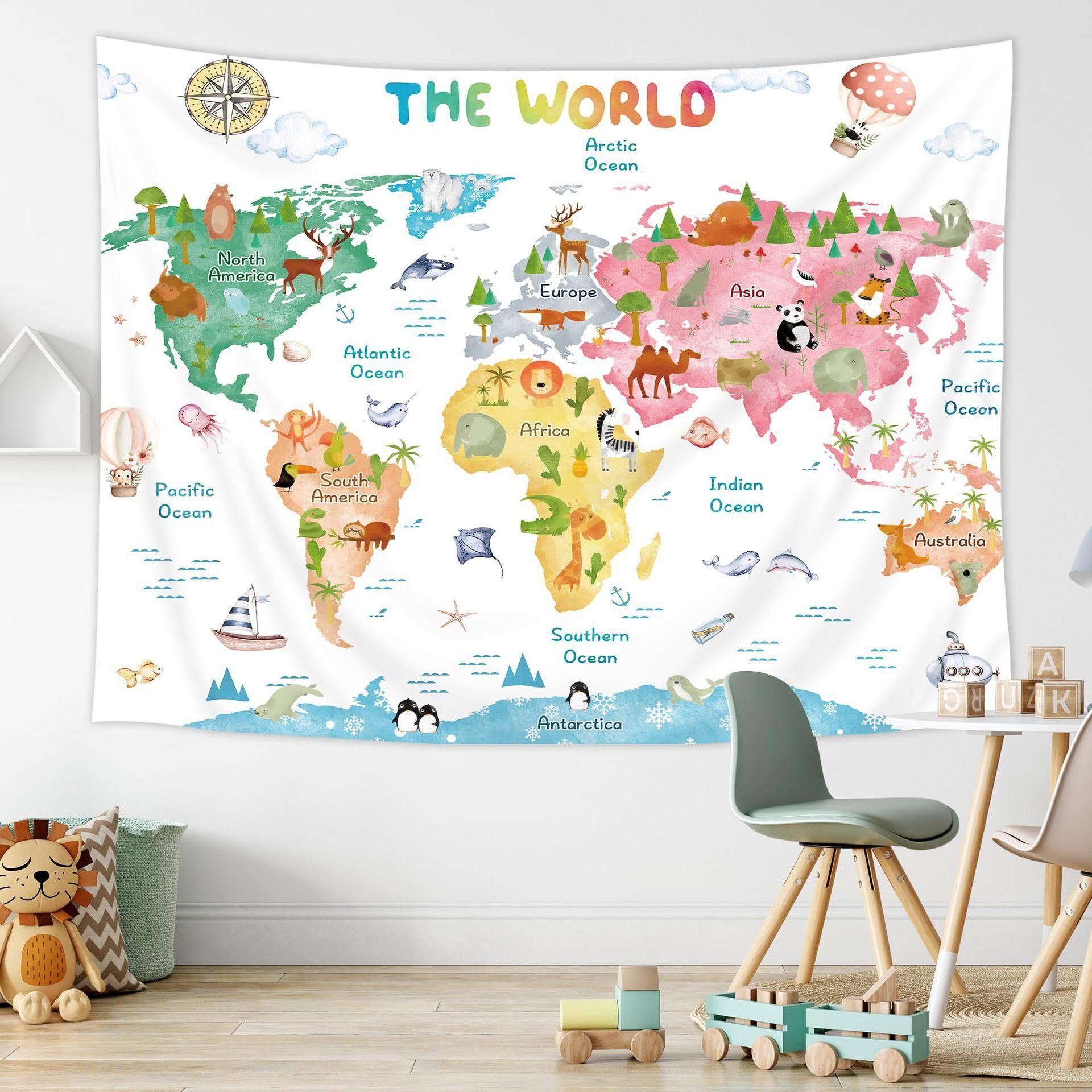 

Cartoon World Animal Map Tapestry Wall Hanging Decorative Headboard Background Cloth for Bedroom Sofa 74x94cm(29x37in)