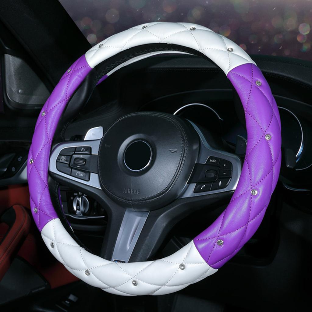 Měkký kožený vyšívaný stereo kryt volantu do auta s vnitřním kroužkem, zdobený diamanty, pasuje na 14,5-15 palců
