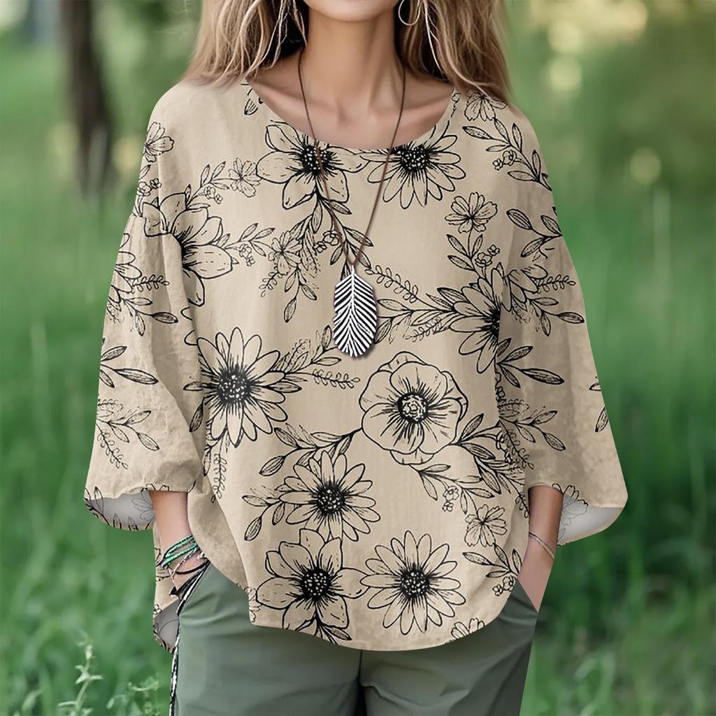Summer Tops For Women Cute O Neck 3/4 Sleeve Blouses Floral Print Top Casual Shirts